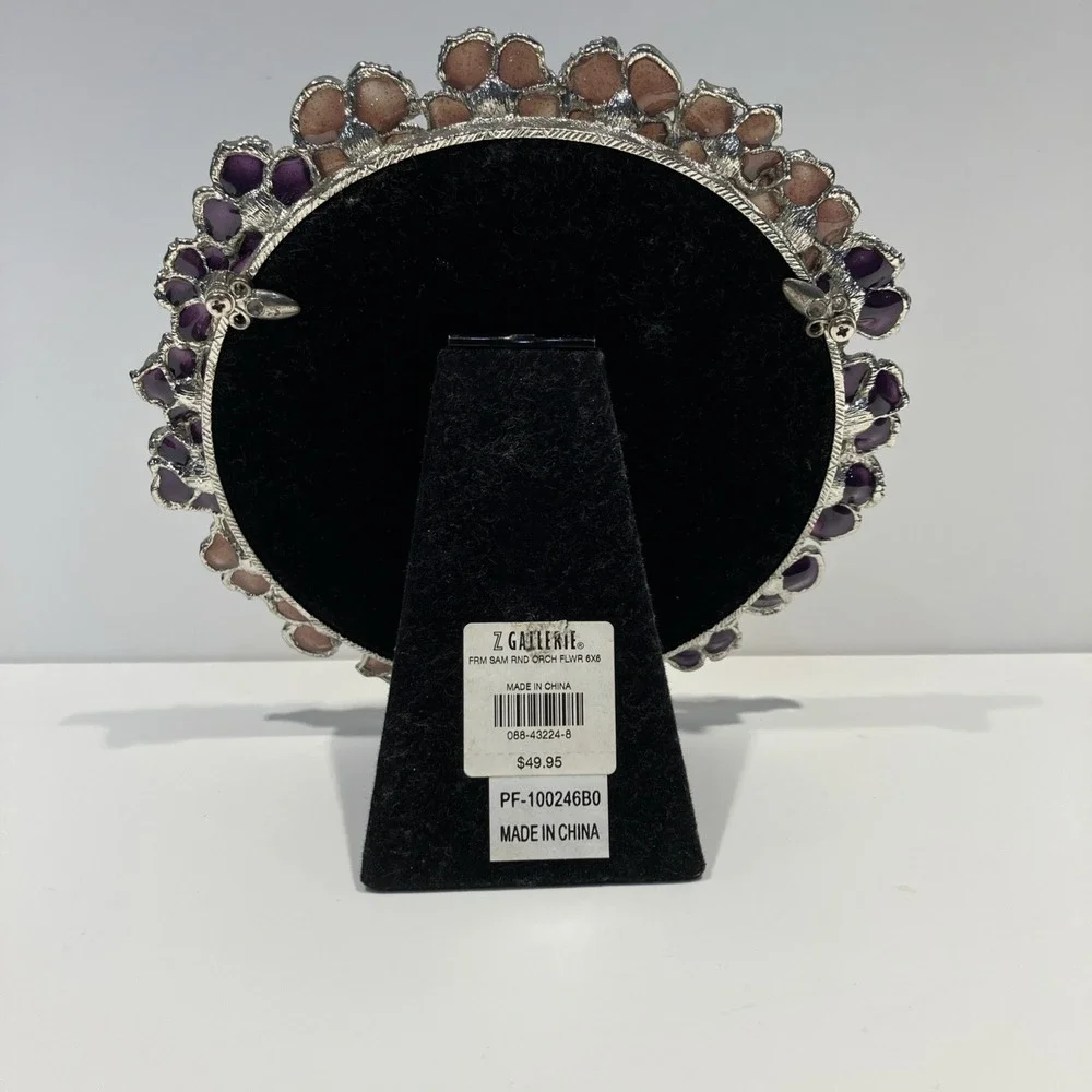 ZGallerie Silver Enamel Ornate Jeweled Floral Orchid Round Frame Modern Glam